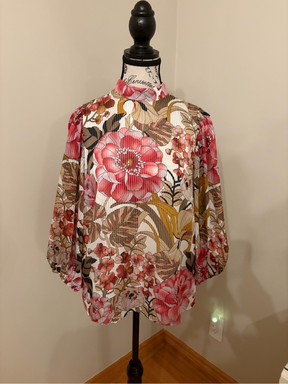 Ted Baker Pink Floral High-Neck Blouse with Brown and Cream Accents